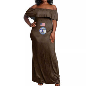 African American Aviators WWII Off Shoulder Maxi Dress Tuskegee Red Tails Airmen Brown Leather Pattern - African Pride