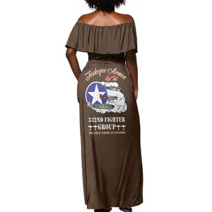 African American Aviators WWII Off Shoulder Maxi Dress Tuskegee Red Tails Airmen Brown Leather Pattern - African Pride