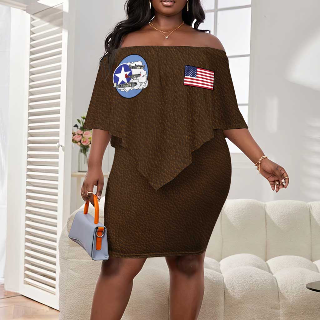 African American Aviators WWII Off Shoulder Short Dress Tuskegee Red Tails Airmen Brown Leather Pattern - African Pride