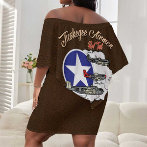 African American Aviators WWII Off Shoulder Short Dress Tuskegee Red Tails Airmen Brown Leather Pattern - African Pride