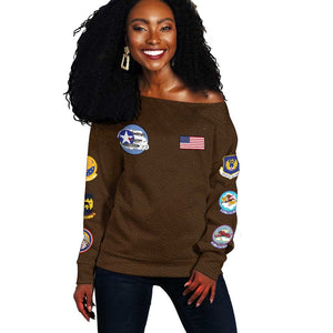 African American Aviators WWII Off Shoulder Sweater Tuskegee Red Tails Airmen Brown Leather Pattern - African Pride