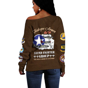 African American Aviators WWII Off Shoulder Sweater Tuskegee Red Tails Airmen Brown Leather Pattern - African Pride