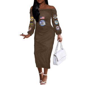 African American Aviators WWII Off The Shoulder Long Sleeve Dress Tuskegee Red Tails Airmen Brown Leather Pattern - African Pride