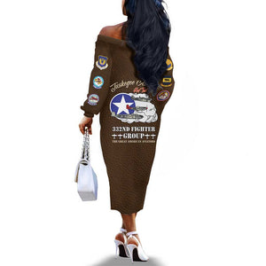 African American Aviators WWII Off The Shoulder Long Sleeve Dress Tuskegee Red Tails Airmen Brown Leather Pattern - African Pride