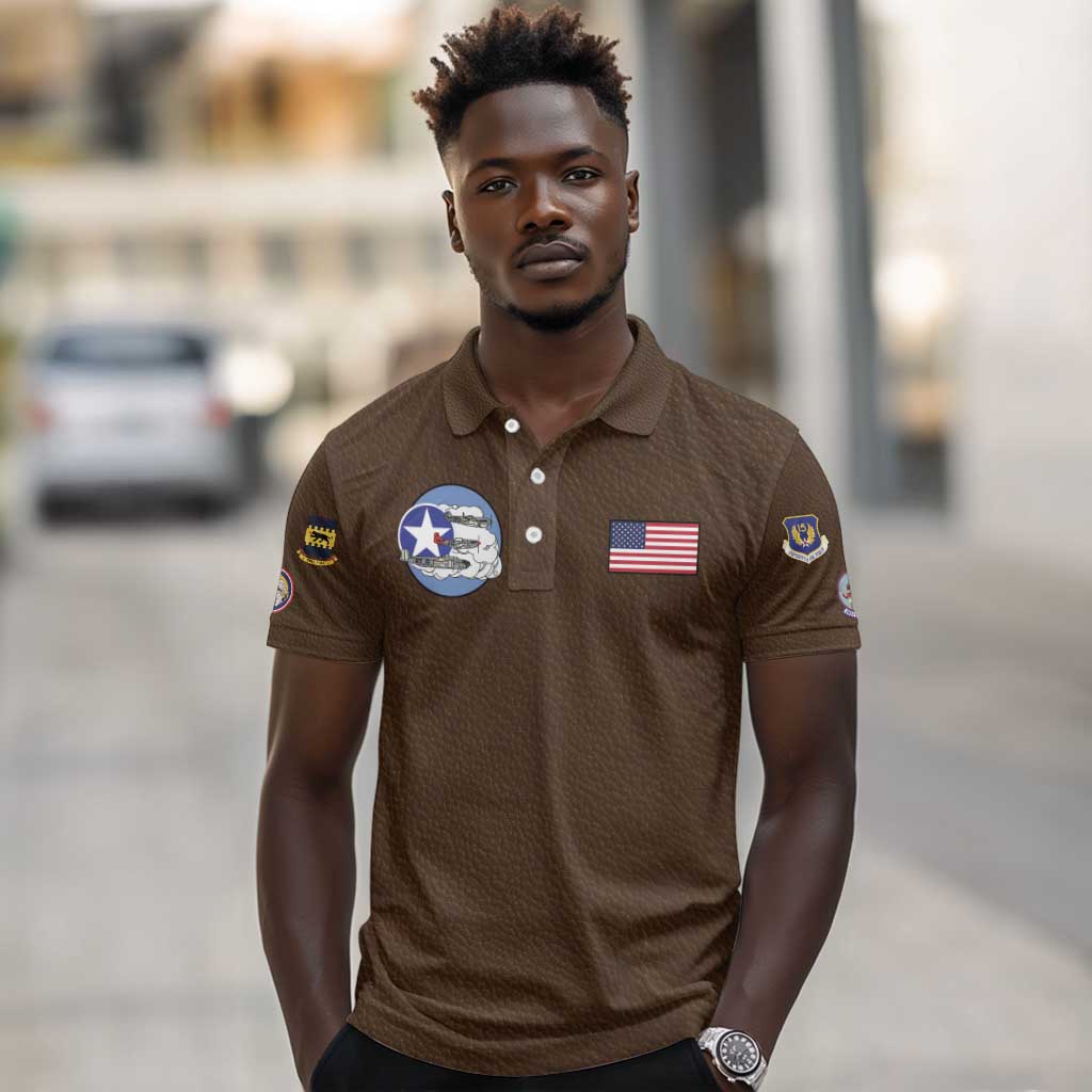African American Aviators WWII Polo Shirt Tuskegee Red Tails Airmen Brown Leather Pattern - African Pride
