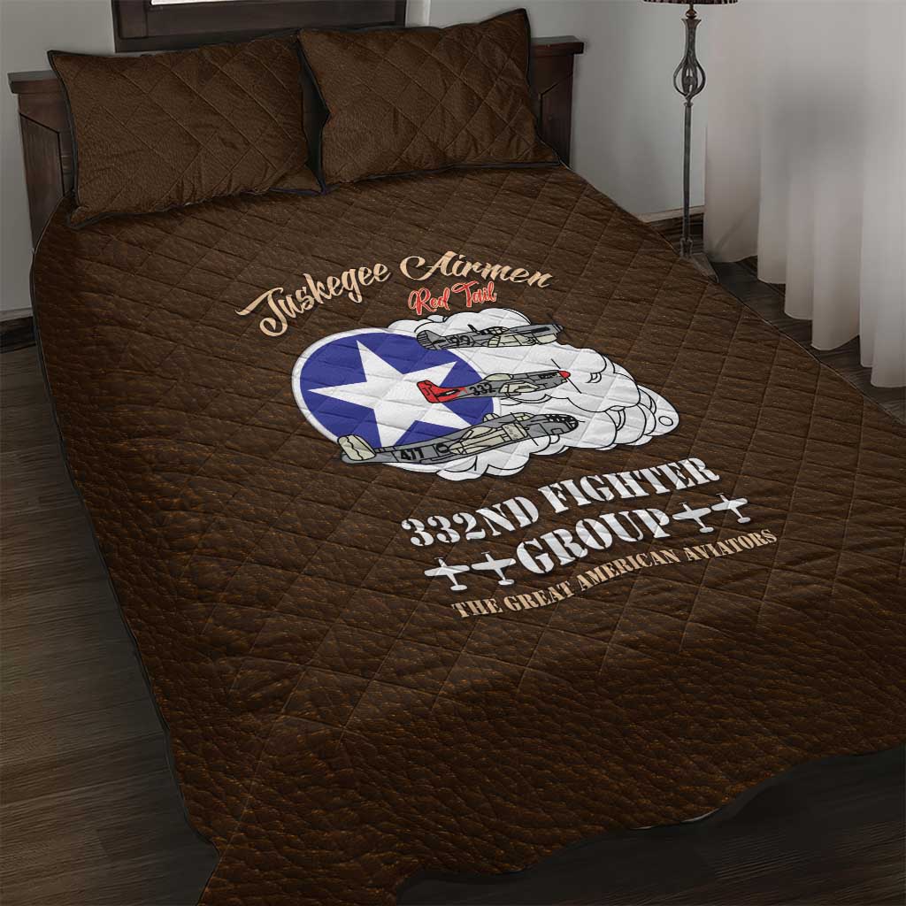 African American Aviators WWII Quilt Bed Set Tuskegee Red Tails Airmen Brown Leather Pattern - African Pride