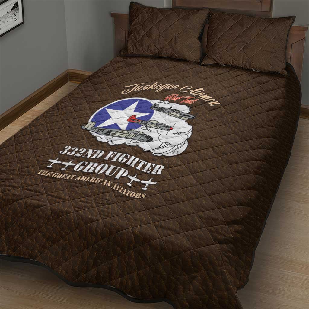 African American Aviators WWII Quilt Bed Set Tuskegee Red Tails Airmen Brown Leather Pattern - African Pride