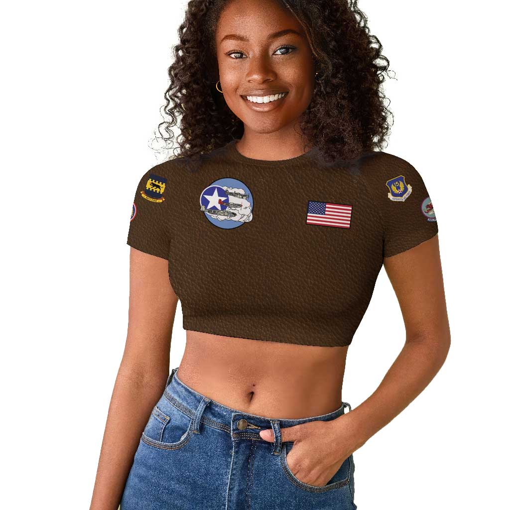 African American Aviators WWII Raglan Cropped T shirt Tuskegee Red Tails Airmen Brown Leather Pattern - African Pride