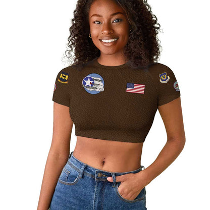 African American Aviators WWII Raglan Cropped T shirt Tuskegee Red Tails Airmen Brown Leather Pattern - African Pride