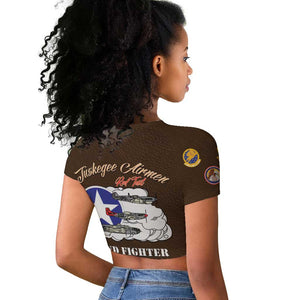African American Aviators WWII Raglan Cropped T shirt Tuskegee Red Tails Airmen Brown Leather Pattern - African Pride