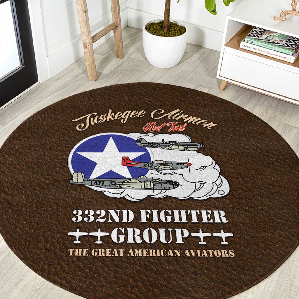African American Aviators WWII Round Carpet Tuskegee Red Tails Airmen Brown Leather Pattern - African Pride