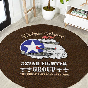 African American Aviators WWII Round Carpet Tuskegee Red Tails Airmen Brown Leather Pattern - African Pride