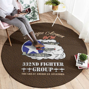 African American Aviators WWII Round Carpet Tuskegee Red Tails Airmen Brown Leather Pattern - African Pride