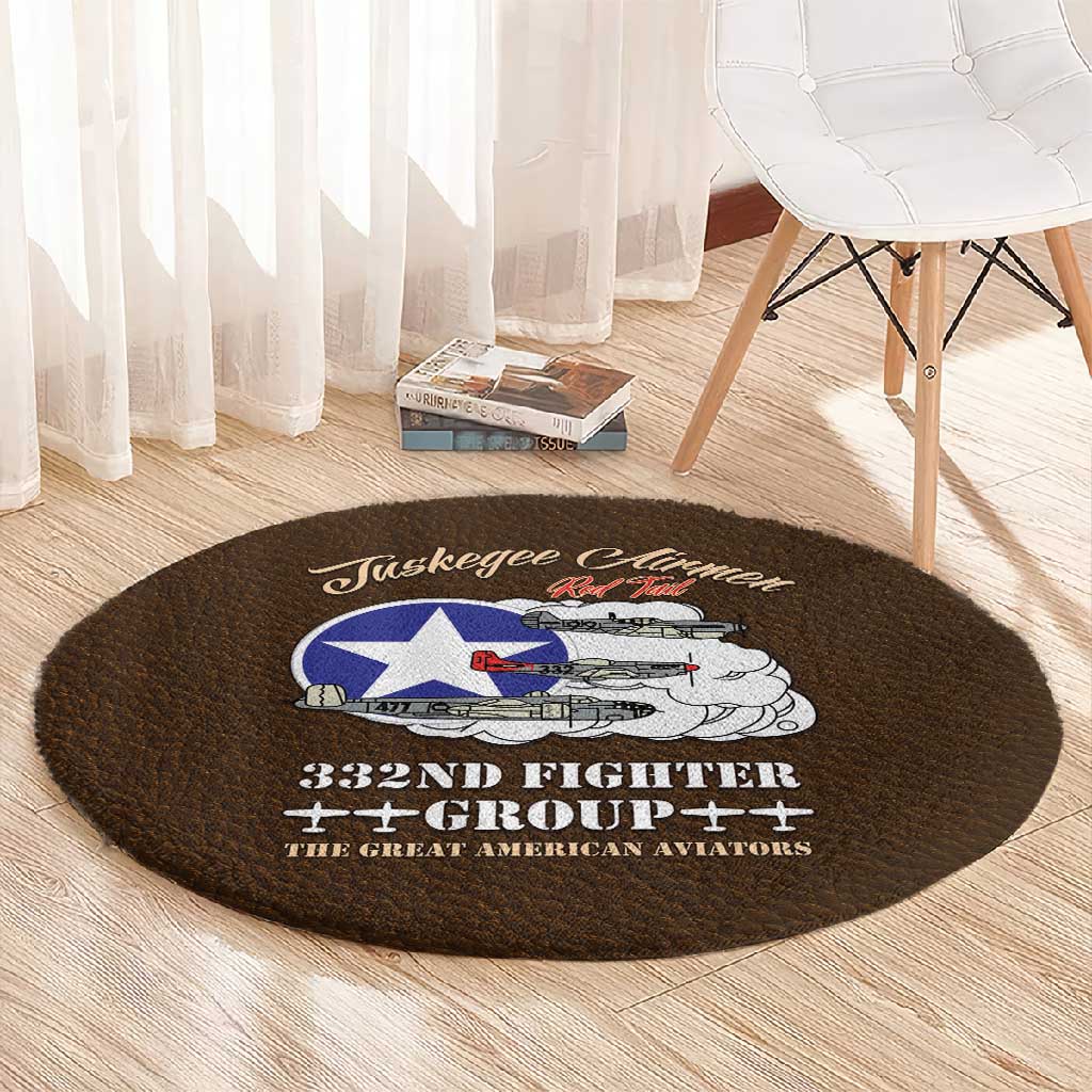 African American Aviators WWII Round Carpet Tuskegee Red Tails Airmen Brown Leather Pattern - African Pride