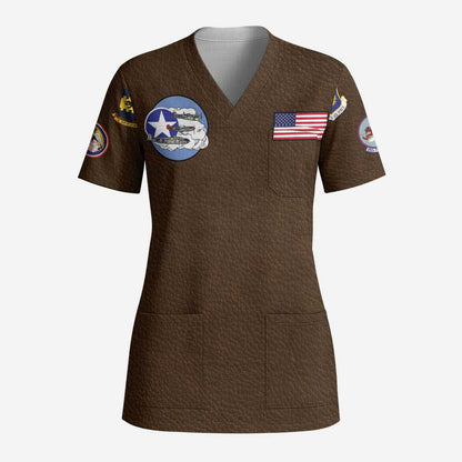 African American Aviators WWII Scrub Top Tuskegee Red Tails Airmen Brown Leather Pattern - African Pride