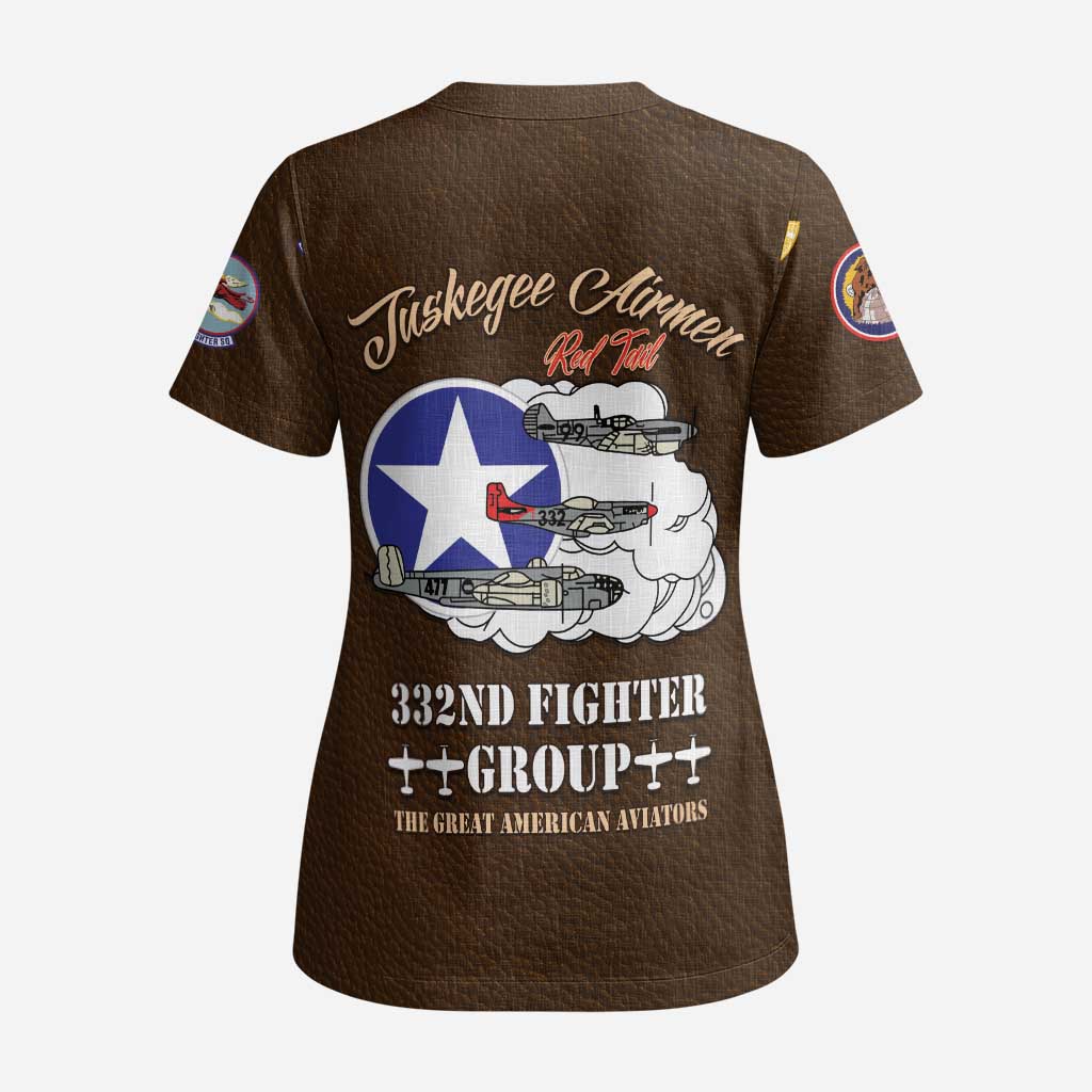 African American Aviators WWII Scrub Top Tuskegee Red Tails Airmen Brown Leather Pattern - African Pride