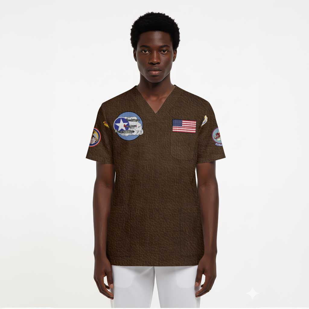African American Aviators WWII Scrub Top Tuskegee Red Tails Airmen Brown Leather Pattern - African Pride