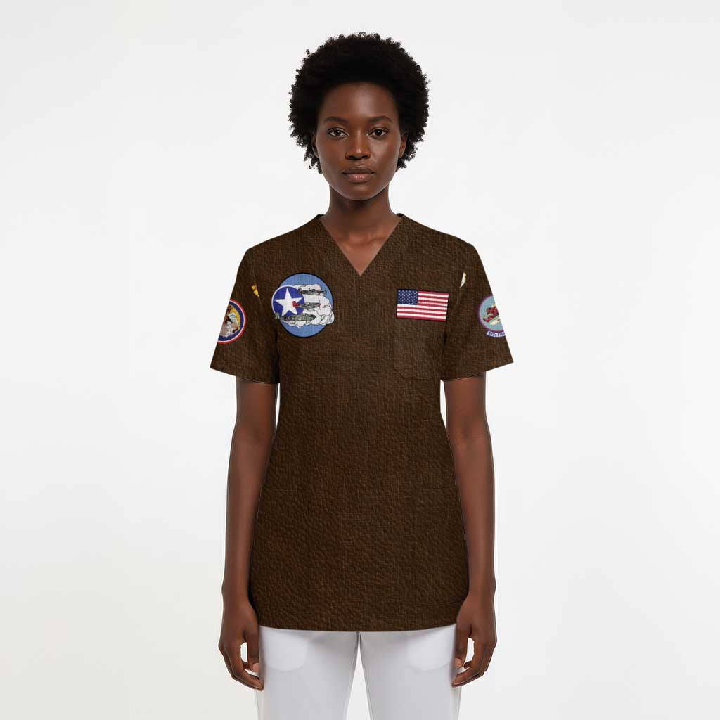 African American Aviators WWII Scrub Top Tuskegee Red Tails Airmen Brown Leather Pattern - African Pride
