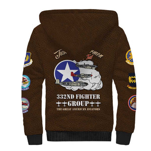 African American Aviators WWII Sherpa Hoodie Tuskegee Red Tails Airmen Brown Leather Pattern - African Pride