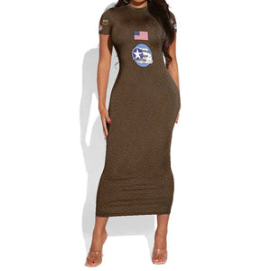 African American Aviators WWII Short Sleeve Bodycon Dress Tuskegee Red Tails Airmen Brown Leather Pattern - African Pride