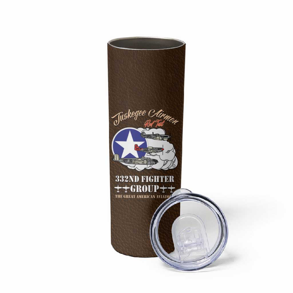 African American Aviators WWII Skinny Tumbler Tuskegee Red Tails Airmen Brown Leather Pattern - African Pride