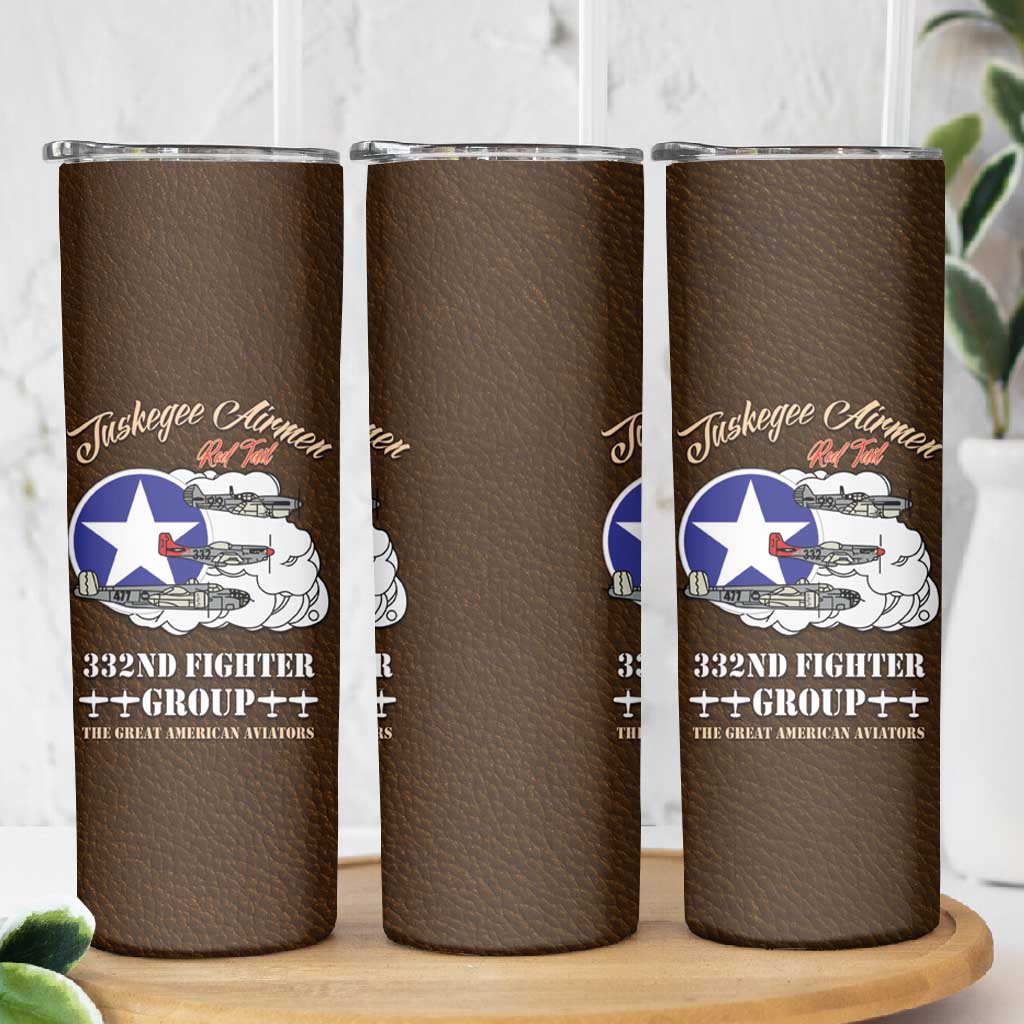 African American Aviators WWII Skinny Tumbler Tuskegee Red Tails Airmen Brown Leather Pattern - African Pride
