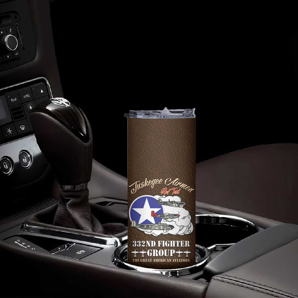 African American Aviators WWII Skinny Tumbler Tuskegee Red Tails Airmen Brown Leather Pattern - African Pride