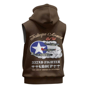 African American Aviators WWII Sleeveless Hoodie Tuskegee Red Tails Airmen Brown Leather Pattern - African Pride