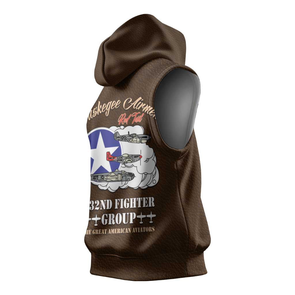 African American Aviators WWII Sleeveless Hoodie Tuskegee Red Tails Airmen Brown Leather Pattern - African Pride
