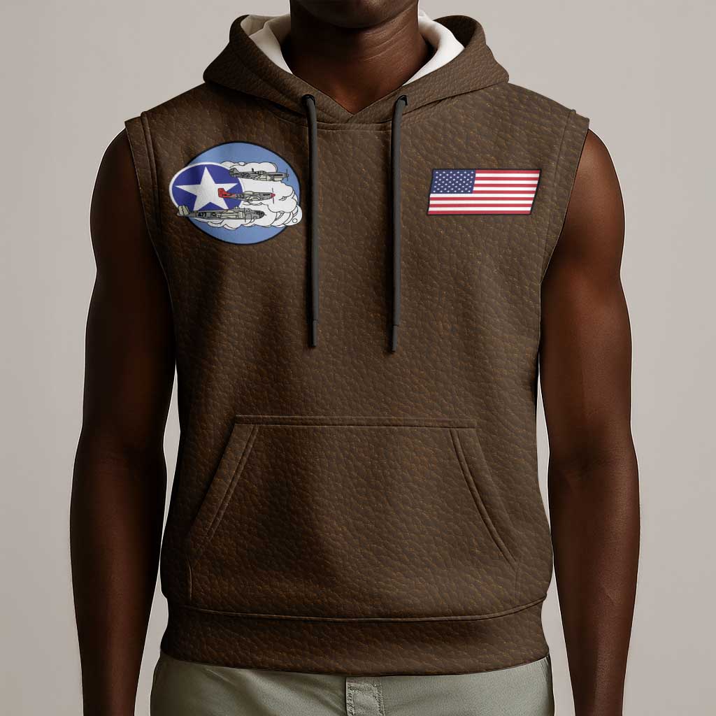 African American Aviators WWII Sleeveless Hoodie Tuskegee Red Tails Airmen Brown Leather Pattern - African Pride