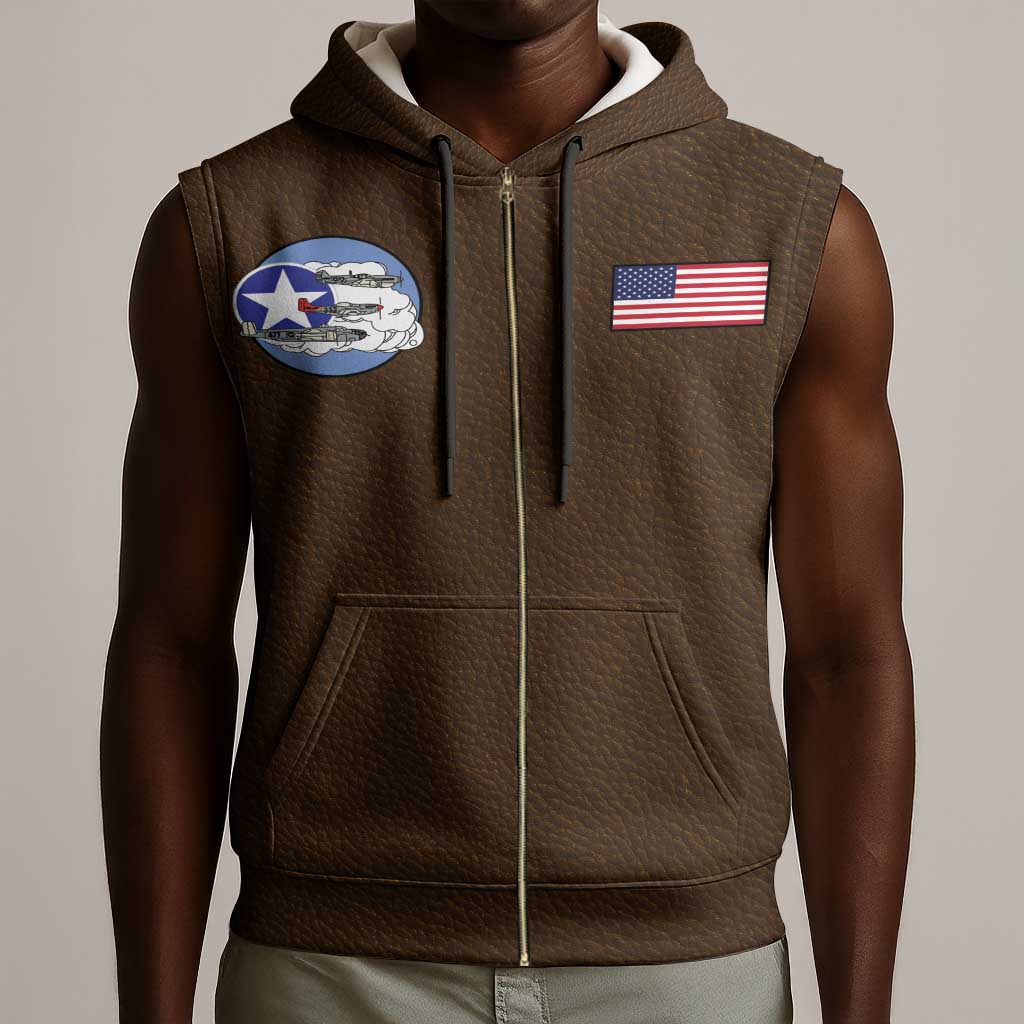 African American Aviators WWII Sleeveless Zip Hoodie Tuskegee Red Tails Airmen Brown Leather Pattern - African Pride