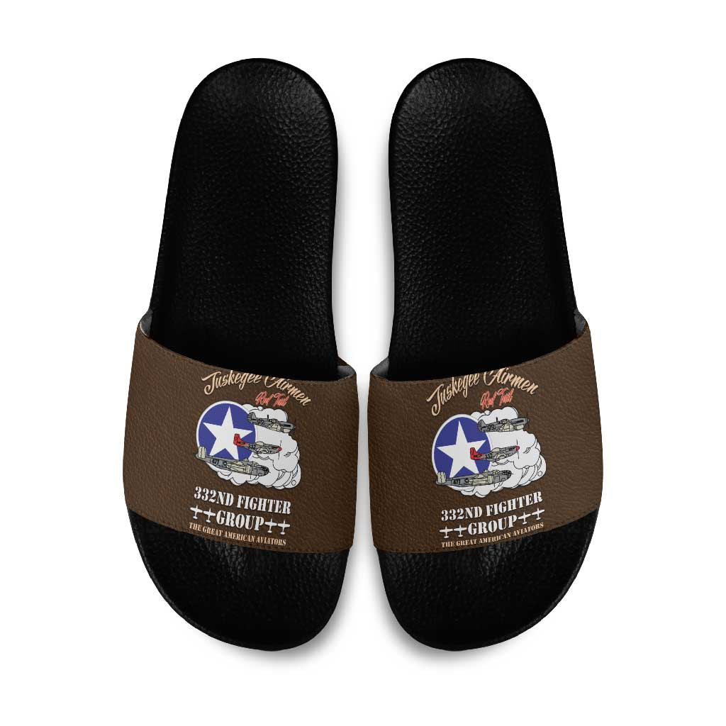 Tuskegee Airmen WWII Heroes Slide Sandals The Great American Aviators Brown Leather Pattern