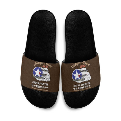 Tuskegee Airmen WWII Heroes Slide Sandals The Great American Aviators Brown Leather Pattern
