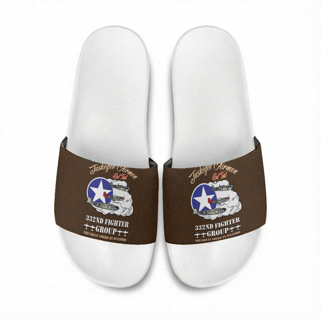 Tuskegee Airmen WWII Heroes Slide Sandals The Great American Aviators Brown Leather Pattern