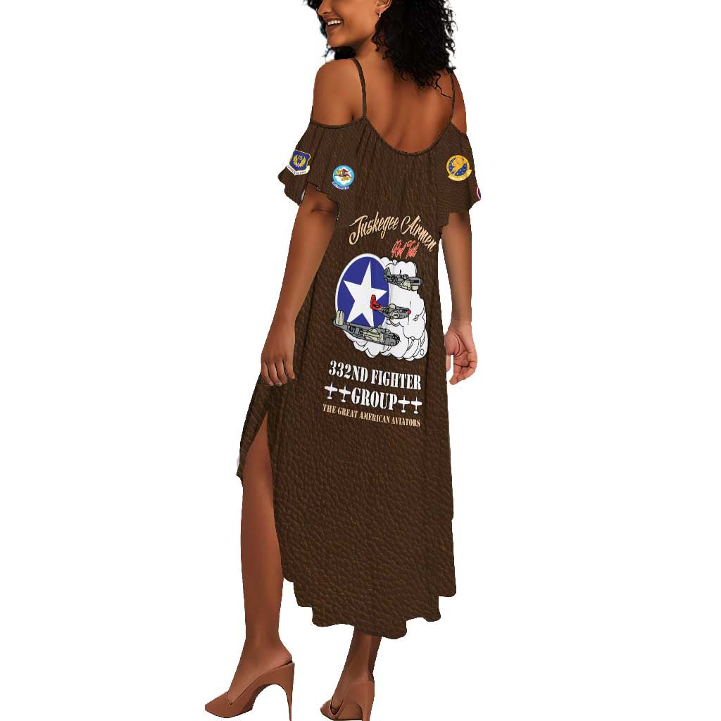 African American Aviators WWII Summer Maxi Dress Tuskegee Red Tails Airmen Brown Leather Pattern - African Pride