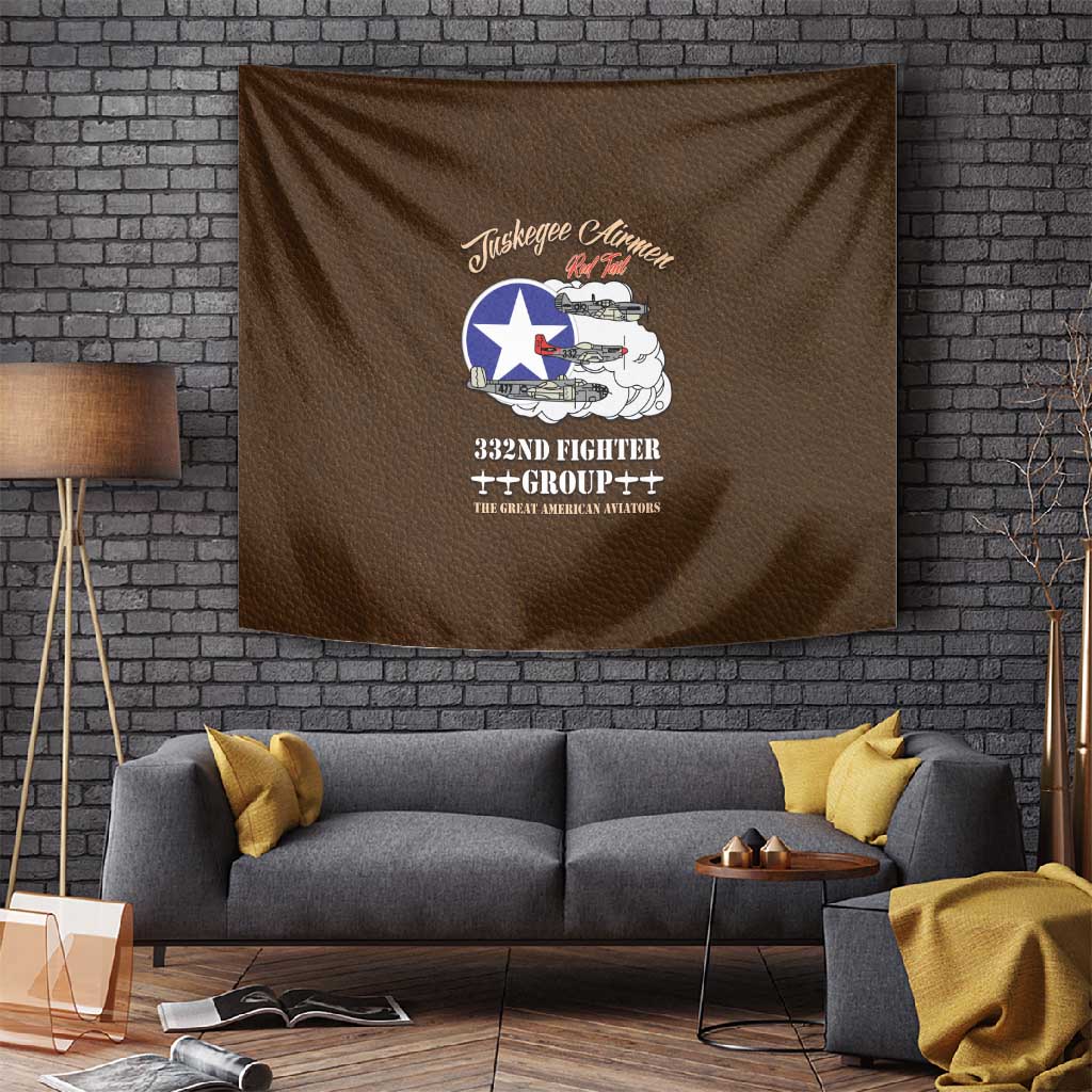 African American Aviators WWII Tapestry Tuskegee Red Tails Airmen Brown Leather Pattern - African Pride