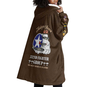African American Aviators WWII Wearable Blanket Hoodie Tuskegee Red Tails Airmen Brown Leather Pattern - African Pride