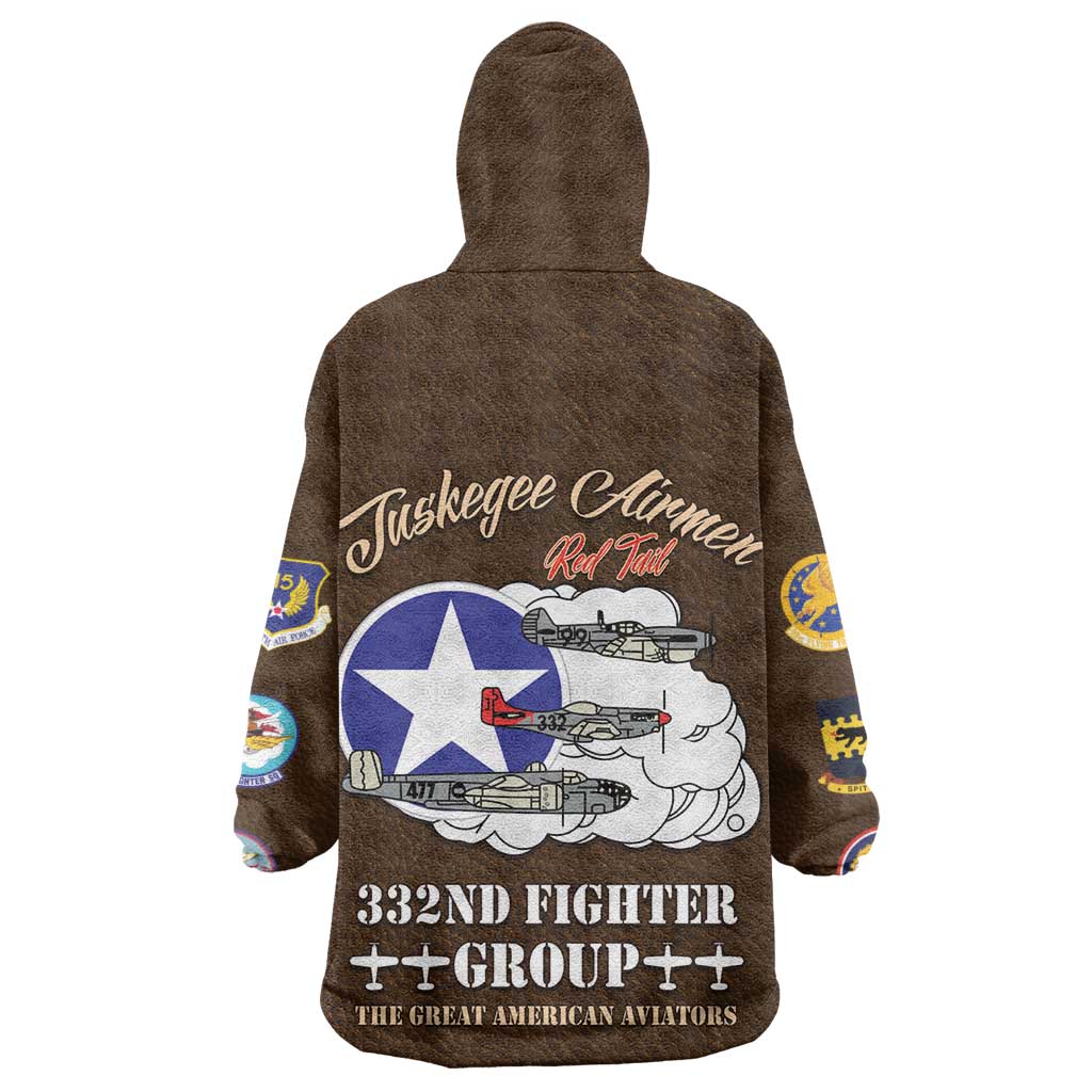 African American Aviators WWII Wearable Blanket Hoodie Tuskegee Red Tails Airmen Brown Leather Pattern - African Pride