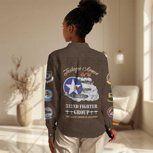African American Aviators WWII Women Casual Shirt Tuskegee Red Tails Airmen Brown Leather Pattern - African Pride