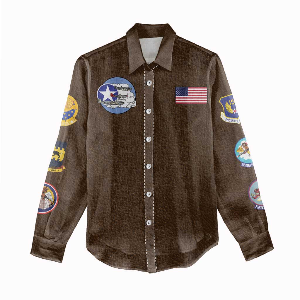African American Aviators WWII Women Casual Shirt Tuskegee Red Tails Airmen Brown Leather Pattern - African Pride