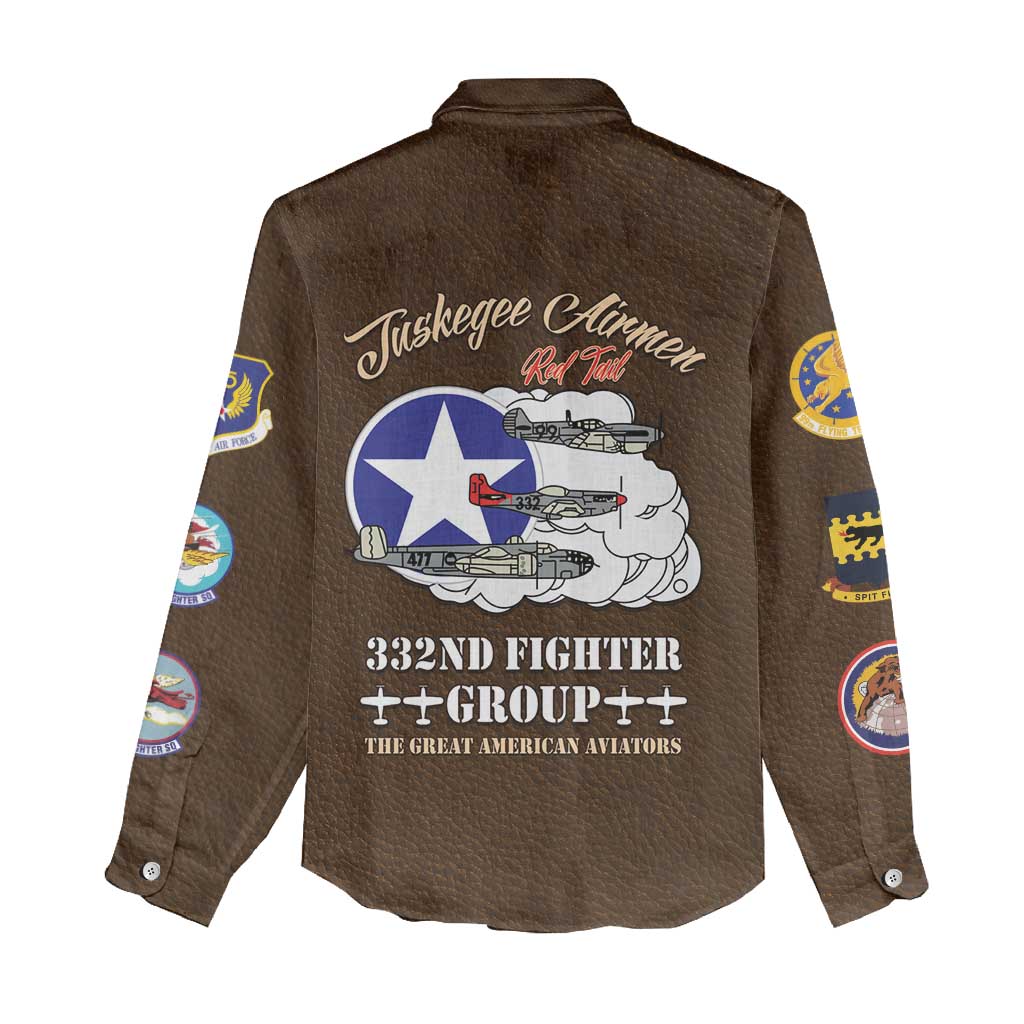African American Aviators WWII Women Casual Shirt Tuskegee Red Tails Airmen Brown Leather Pattern - African Pride