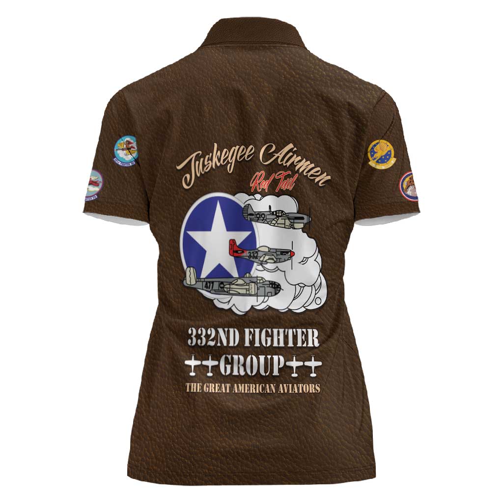 African American Aviators WWII Women Polo Shirt Tuskegee Red Tails Airmen Brown Leather Pattern - African Pride