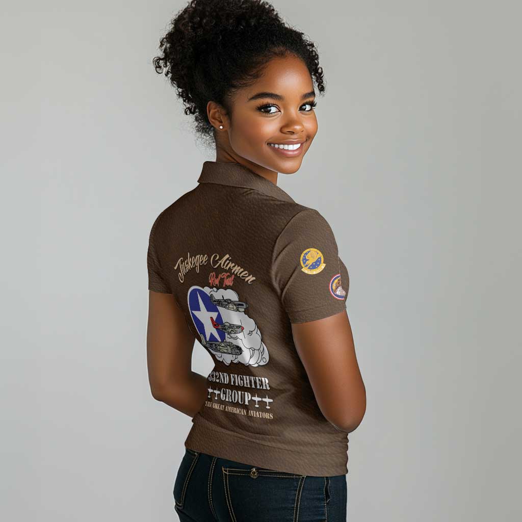 African American Aviators WWII Women Polo Shirt Tuskegee Red Tails Airmen Brown Leather Pattern - African Pride