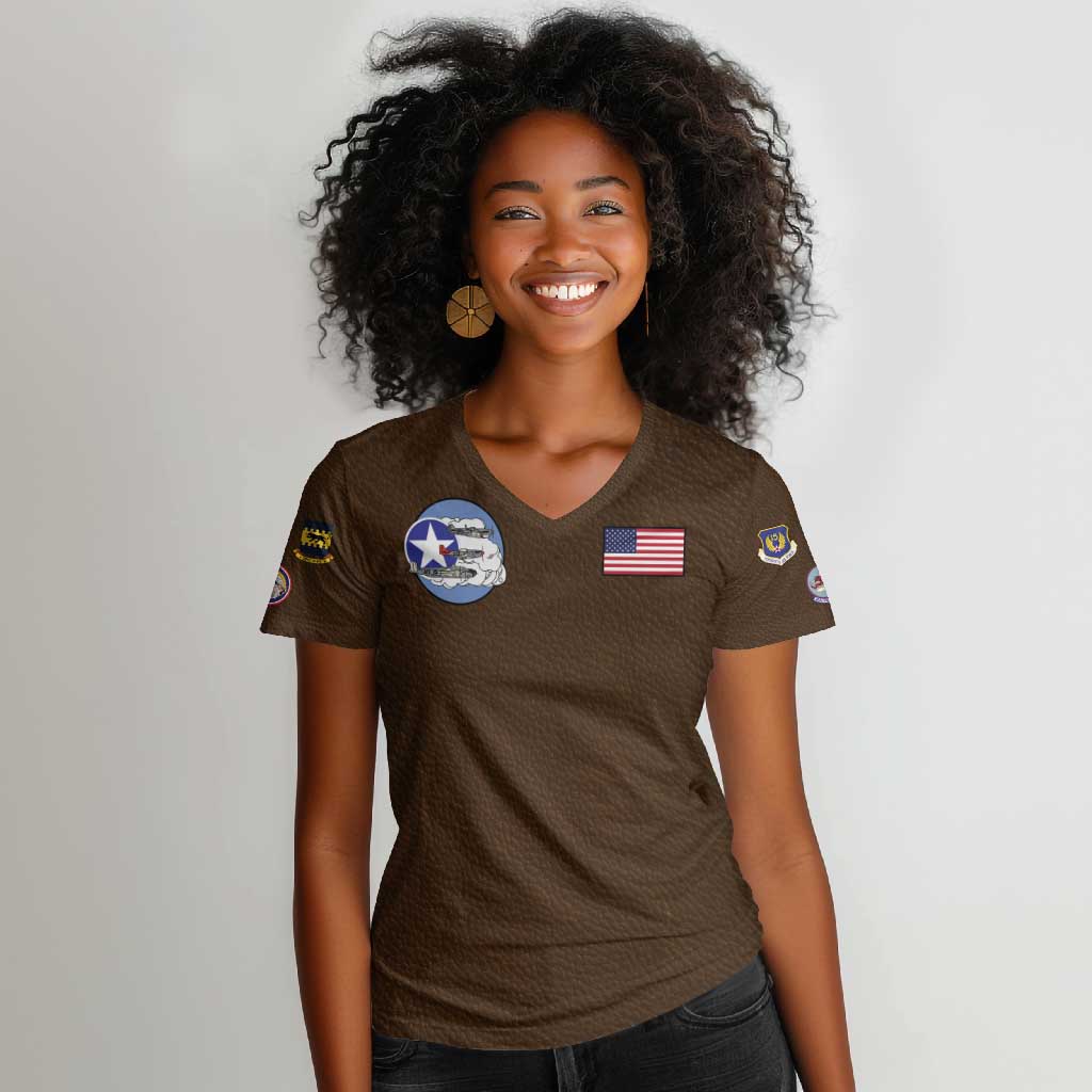 African American Aviators WWII Women V-Neck T-Shirt Tuskegee Red Tails Airmen Brown Leather Pattern - African Pride