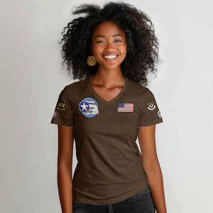 African American Aviators WWII Women V-Neck T-Shirt Tuskegee Red Tails Airmen Brown Leather Pattern - African Pride