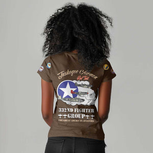 African American Aviators WWII Women V-Neck T-Shirt Tuskegee Red Tails Airmen Brown Leather Pattern - African Pride