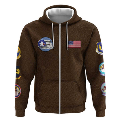 African American Aviators WWII Zip Hoodie Tuskegee Red Tails Airmen Brown Leather Pattern - African Pride