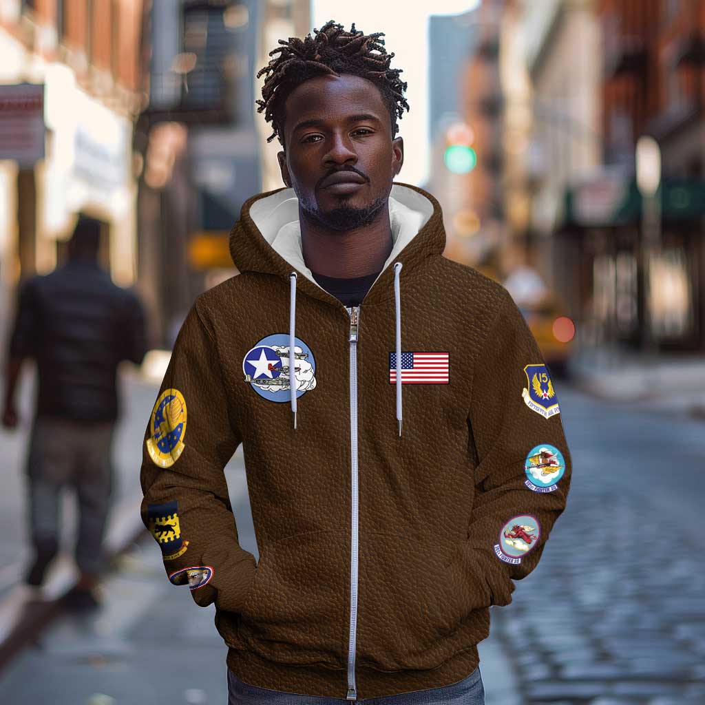 African American Aviators WWII Zip Hoodie Tuskegee Red Tails Airmen Brown Leather Pattern - African Pride
