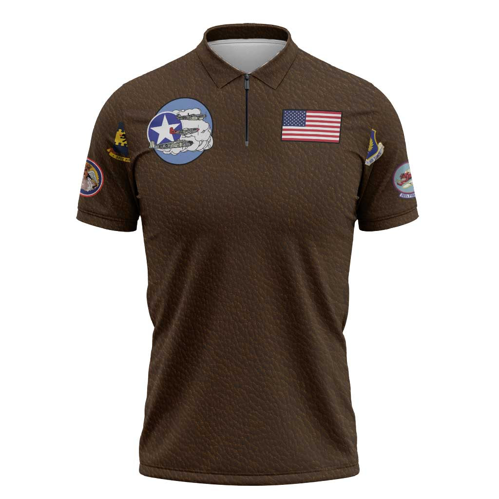 Tuskegee Airmen WWII Heroes Zipper Polo Shirt The Great American Aviators Brown Leather Pattern