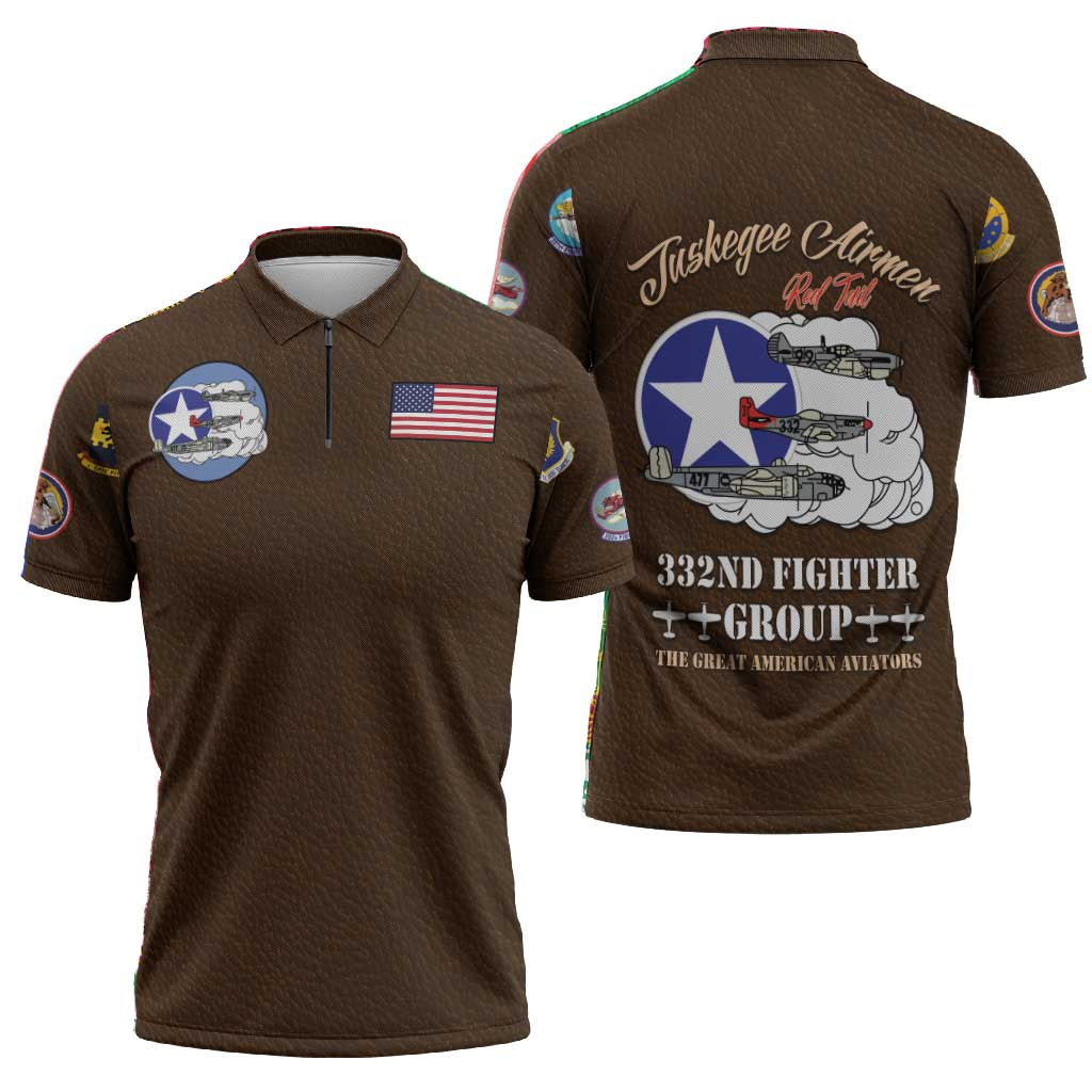 Tuskegee Airmen WWII Heroes Zipper Polo Shirt The Great American Aviators Brown Leather Pattern